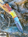  6.5" Damascus Steel Folding Knife Bone & Wood Handle Steel Bolster with Carry Pouch