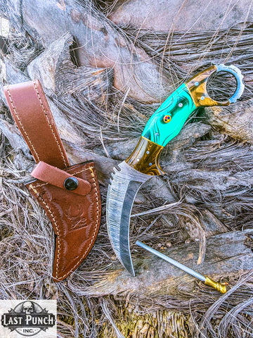  8.5" Fixed Blade Damascus Steel Blade Hunting Knife Resin Handle w/ Leather Sheath