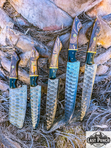  5 Pcs Damascus Forge Blade Chef Knife Set Brown & Black Resin Handle Kitchen Knives
