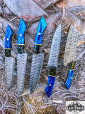  5PCS Damascus Forged Chef Knife Set Blue & Black Resin Handles Kitchen Knives With Pouch