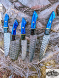  5PCS Damascus Forged Chef Knife Set Blue & Black Resin Handles Kitchen Knives With Pouch