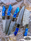  5PCS Damascus Forged Chef Knife Set Blue & Black Resin Handles Kitchen Knives With Pouch