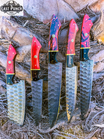  5 Pcs Damascus Forge Blade Chef Knife Set Red & Black Resin Handle Kitchen Knives