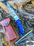  6.5" Damascus Steel Folding Knife Blue Wood Handle Steel Bolster & Carry Pouch