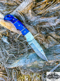  6.5" Damascus Steel Folding Knife Blue Wood Handle Steel Bolster & Carry Pouch