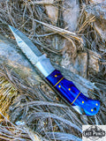  6.5" Damascus Steel Folding Knife Blue Wood Handle Steel Bolster & Carry Pouch