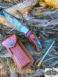  6.5" Two Tone Black & Orange Wood Handle Damascus Blade Folding Knife With Pouch