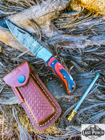  6.5" Two Tone Black & Orange Wood Handle Damascus Blade Folding Knife With Pouch