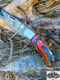  6.5" Two Tone Black & Orange Wood Handle Damascus Blade Folding Knife With Pouch