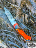  6.5" Two Tone Black & Orange Wood Handle Damascus Blade Folding Knife With Pouch