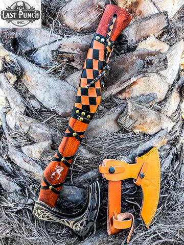  19.5" Hunting Axe Steel Blade Brown & Black Leather Wrapped Handle w/ Sheath