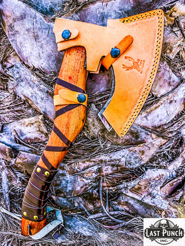  14" Hunting Axe Steel Blade Brown Leather Wrapped Handle w/ Sheath