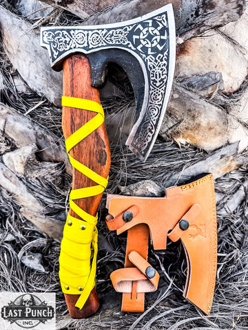  14" Hunting Axe Steel Blade Yellow Leather Wrapped Handle With Leather Sheath
