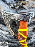  14" Hunting Axe Steel Blade Yellow Leather Wrapped Handle With Leather Sheath