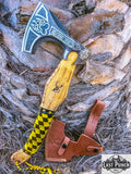  17.5" Hunting Axe Steel Blade Black & Yellow Leather Wrapped Handle w/ Sheath