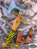  17.5" Steel Blade Hunting Axe Yellow & Black Leather Wrapped Handle w/ Sheath
