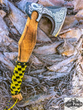  17.5" Steel Blade Hunting Axe Yellow & Black Leather Wrapped Handle w/ Sheath