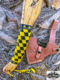  17.5" Steel Blade Hunting Axe Yellow & Black Leather Wrapped Handle w/ Sheath