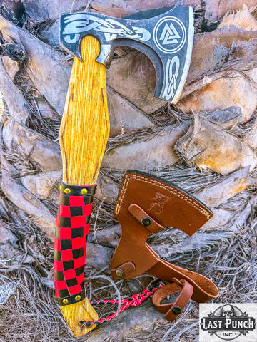  17.5" Hunting Axe Steel Blade Black & Red Leather Wrapped Handle w/ Sheath