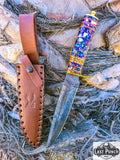  13" Damascus Blade Multi Color Resin Handle Hand Made Hunting Knife With Leather Sheath