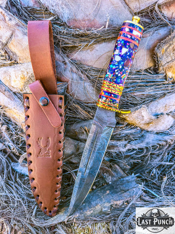  13" Damascus Blade Multi Color Resin Handle Hand Made Hunting Knife With Leather Sheath