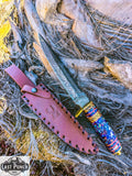  13" Damascus Blade Multi Color Resin Handle Hand Made Hunting Knife With Leather Sheath