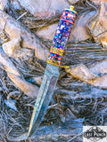 13" Damascus Blade Multi Color Resin Handle Hand Made Hunting Knife With Leather Sheath