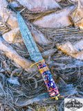  13" Damascus Blade Multi Color Resin Handle Hand Made Hunting Knife With Leather Sheath