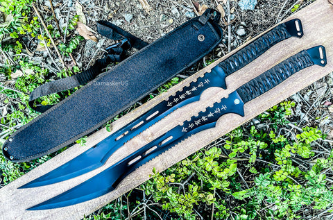 2pc Magnetic Full Tang Ninja Sword Set Machette Steel Blades Set / Sheath Hunting - Black