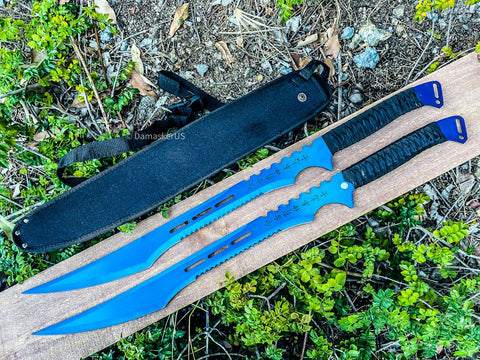 2pc Magnetic Full Tang Ninja Sword Set Machette Steel Blades Set / Sheath Hunting - Blue