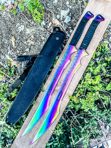2pc Magnetic Full Tang Ninja Sword Set Machette Steel Blades Set / Sheath Hunting - Rainbow