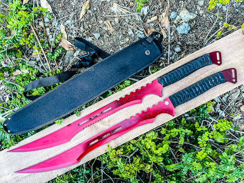 2pc Magnetic Full Tang Ninja Sword Set Machette Steel Blades Set / Sheath Hunting - Red