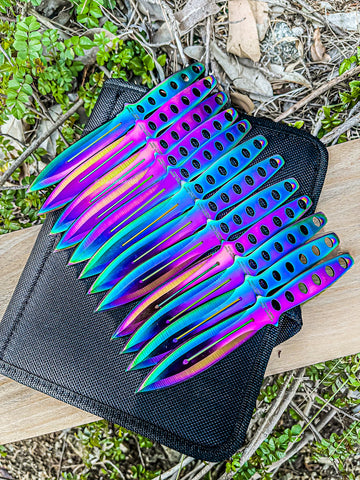 12pc Rainbow Ninja Throwing Knives Set Combat Naruto Kunai Hunting Knife with Sheath