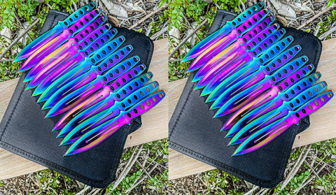 24pc Ninja Throwing Knives Set Combat Naruto Kunai Hunting Knife w/Sheath Rainbow