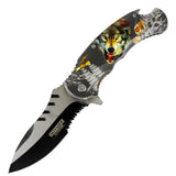 8" Folding Knife Spring Assisted Wolf Bear Buck and Eagle Printing Pocket Knife