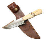 9" Damascuss Skinner Knife Bone Handle Series Leather Sheath