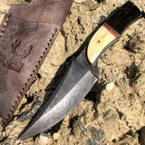 8.5" Hunting Knife Damascus Skinner Bone Handle Series Leather Sheath