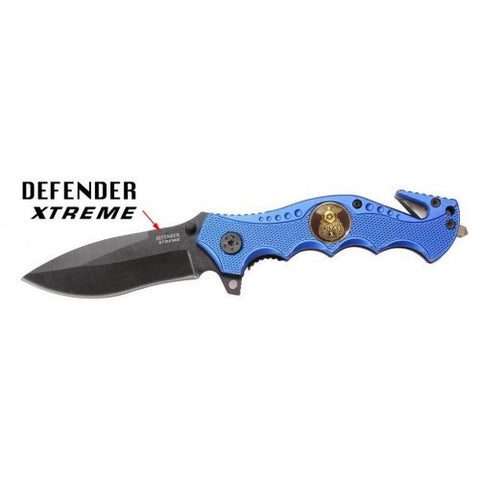 Blue 7 1/2" Heavy Duty Folding Spring Assisted Knife with Police Plate