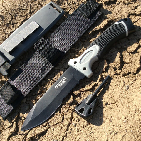 11" Black Survival II Knife With Blade Sharpener, Fire Starter & Sheath