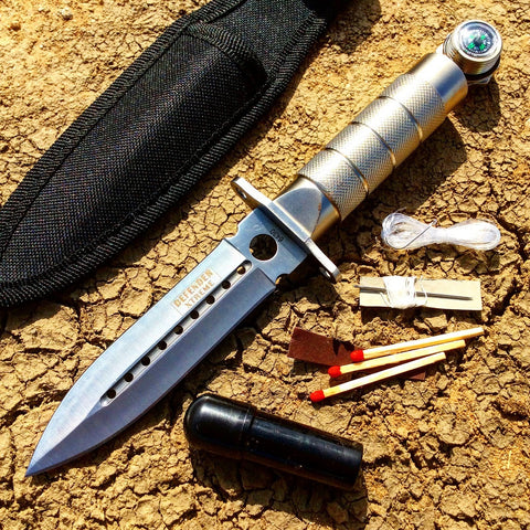 8" Silver Survival Knife With Survival Kit & Sheath