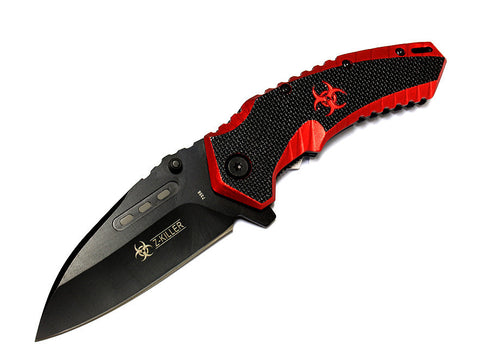 8" Red Z-Killer Spring Assisted Knife All Black with Belt Clip
