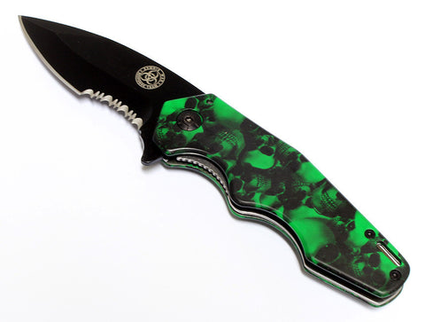 8" Zombie War Respose Team Green Folding Spring Assisted Knife with Belt Clip