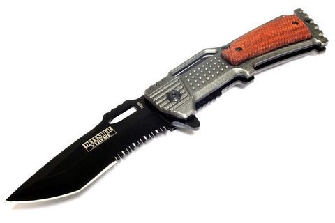 8" Defender Extreme Gun Design Spring Assisted Knife with Serrated Stainless Steel Blade - Grey