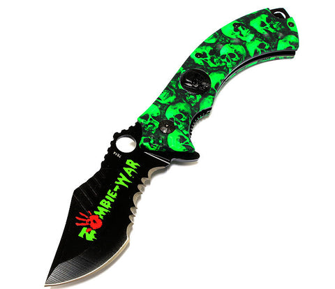 8" Zombie-War Skull Head Spring Assisted Knife with Belt Clip