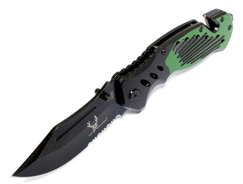 8" Spring Assisted Knife Green with Belt Clip Glass Breaker and Belt Cutter