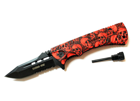 8.5" Zombie War Red & Black Skull Design Handle Spring Assisted Knife with Belt Clip & Fire Starter
