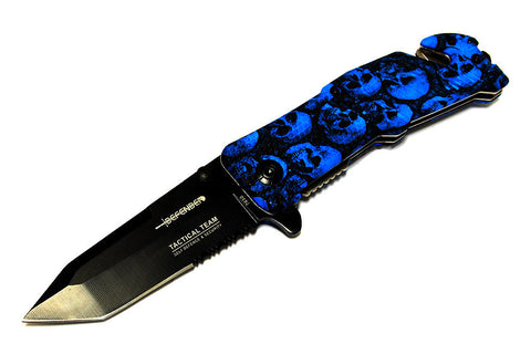 8" Skull Design Handle Tactical Team Spring Assisted Knife with Belt Clip