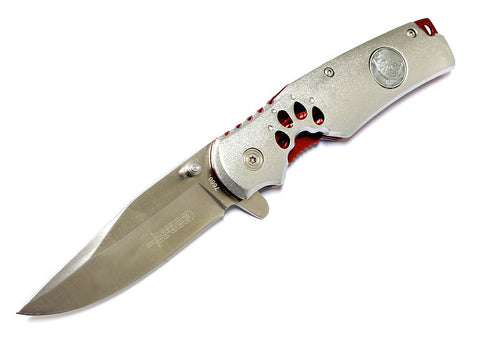 8" Defender Collection Grey and Red Folding Spring Assisted Knife with Belt Clip