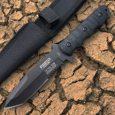 9" Defender Xtreme All Black Tactical Team Hunting Knife with Sheath