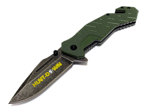 8" Hunt -Down Green Folding Spring Assisted Knife with Belt Clip